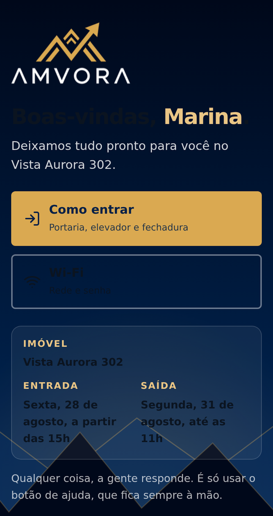 Tela inicial do guia do hóspede em um celular, com saudação pelo nome do hóspede e botões para como entrar e Wi-Fi.